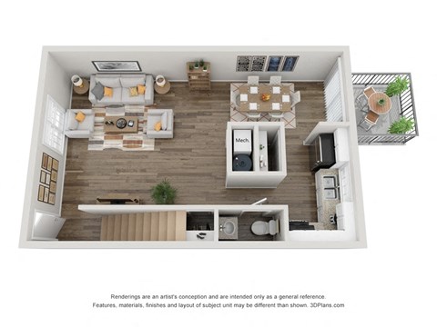 Floor plan for 3 beds, 2 baths, 1117 sqft